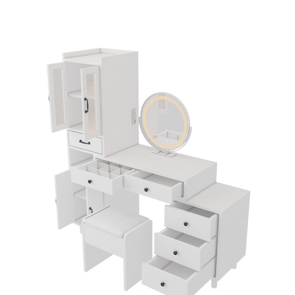 Modern Makeup Vanity Table Set with Side Cabinet and Nightstand and LED Mirror, Retractable Dressing Table with Power Outlets, 3 Light Colors