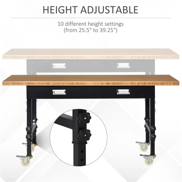   59" Garage Work Bench with Drawer and Wheels, Height Adjustable Legs, Bamboo Tabletop Workstation Tool Table 