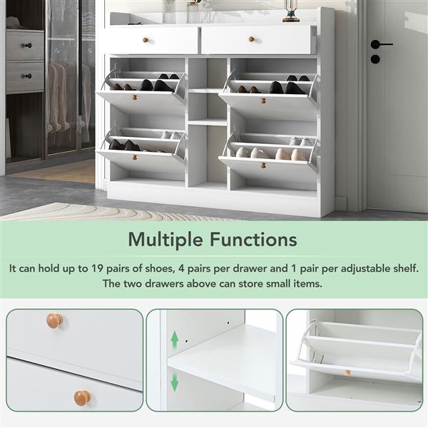 [VIDEO provided] Modern Shoe Cabinet with 4 Flip Drawers, Multifunctional 2-Tier Shoe Storage Organizer with Drawers, Free Standing Shoe Rack for Entrance Hallway, White.