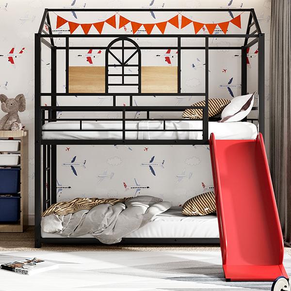 Twin Over Twin Metal Bunk Bed ,Metal Housebed With Slide,Three Colors Available.(Black with Red Slide)