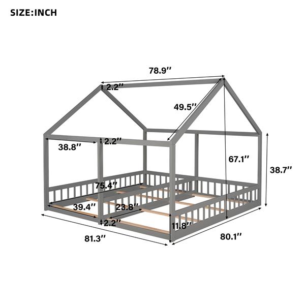 Twin Size House Platform Beds,Two Shared Beds, Gray