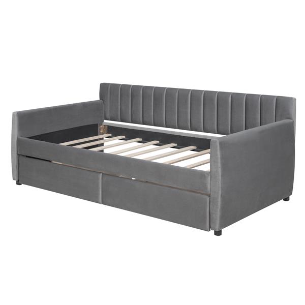 Twin Size Upholstered daybed with Drawers, Wood Slat Support, Gray