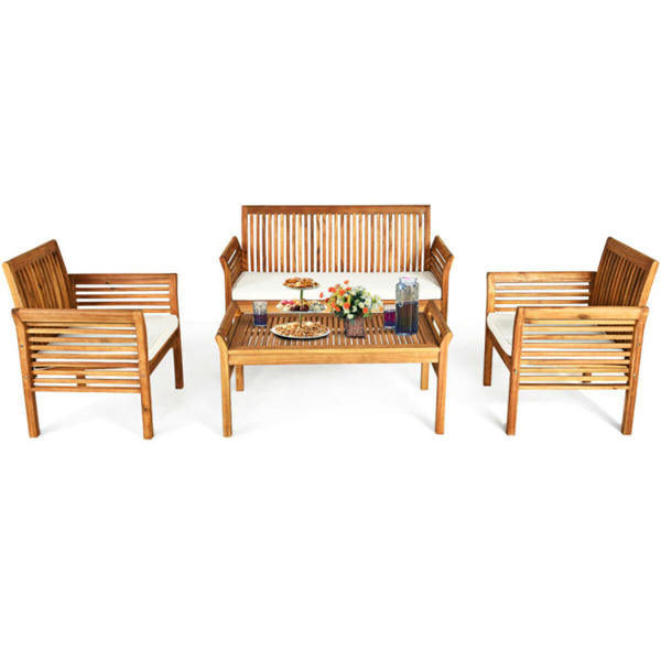 4-piece patio furniture set Outdoor Acacia wood sofa furniture with cushion white