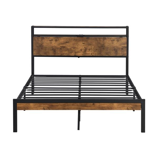 Queen Size  Metal Platform Bed Frame with Wooden Headboard and Footboard with USB LINER, No Box Spring Needed, Large Under Bed Storage, Easy Assemble