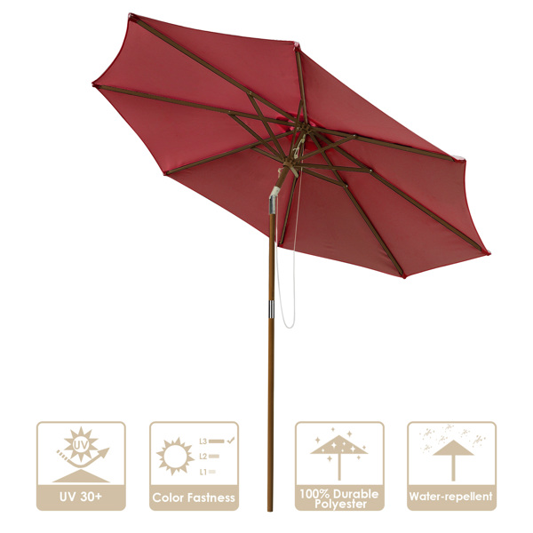 9ft Wooden Umbrella, Outdoor Patio Umbrella, Wood Market Umbrella, Patio Umbrella Wood Pole with Pulley Lift for Garden, Yard, Deck, Pool, Market - RED（No shipments on weekends）