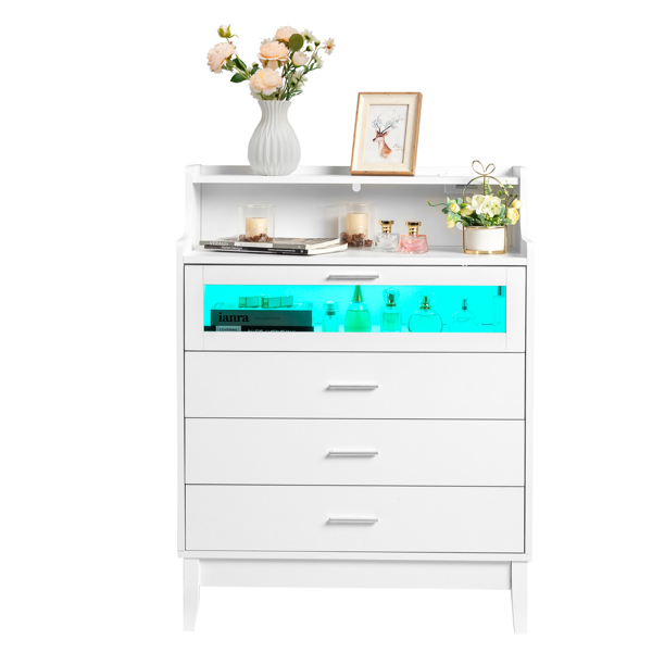 FCH white pitted particle board with melamine-coated tempered glass 76*40cm*101cm four drawers with compartments drawer cabinet with RGB light strip + 2 USB + 2 three-plug power socket