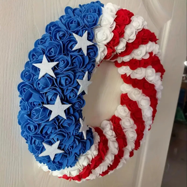 13Inch Patriotic Roses Wreath, 4th of July Summer Soft Touch Foam Roses Wreath for The Front Door, Memorial Day Artificial Flowers Wreath for Indoor and outdoor, 2Pcs