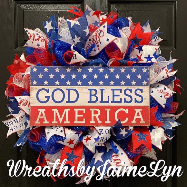 4th of July Independence Day Red White Blue Flower Wreath, Patriotic American Wreath, God Bless America Front Door Wreath , Memorial Day Wreath for Wall Window Party Decor, 1PCS