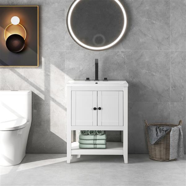 [VIDEO] 24" White Modern Sleek Bathroom Vanity Elegant Ceramic Sink with Solid Wood Frame Open Style Shelf