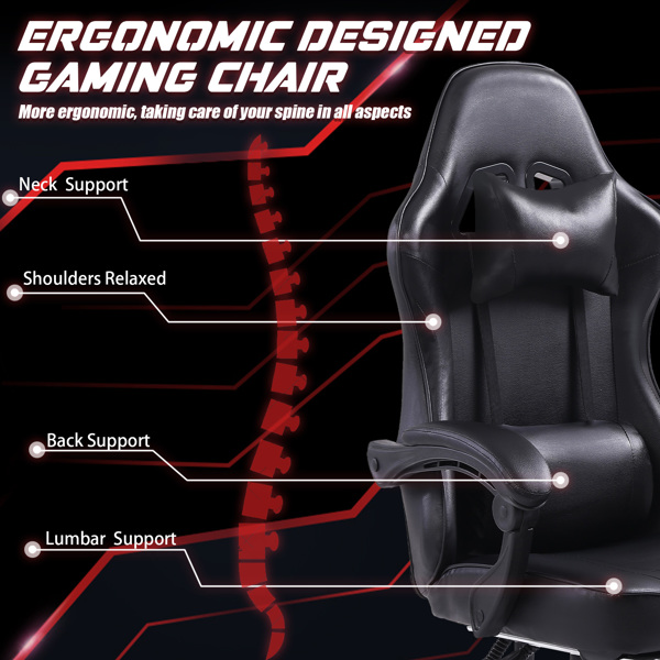 Ergonomic Gaming Chair with Footrest, Comfortable Computer Chair for Heavy People, Adjustable Lumbar Desk Office Chair with 360°-Swivel Seat, PU Leather Video Game Chairs for Adults, Black