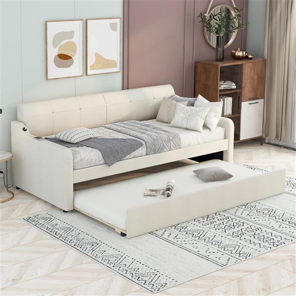 Twin Size Upholstery Daybed with Trundle and USB Charging Design,Trundle can be flat or erected,Beige