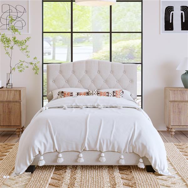 Upholstered Platform Bed with Saddle Curved Headboard and Diamond Tufted Details, Full, Beige