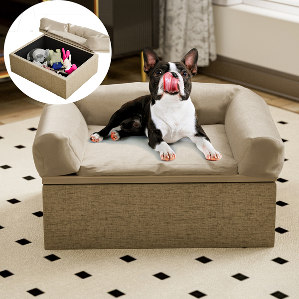 Luxury Dog Sofa Bed Soft Velvet Pet Couch with Storage Box Removable&Washable Fancy Dog Couch for Small Medium Dogs, Cats, Small Animals (Khaki) （禁售Temu！！！）