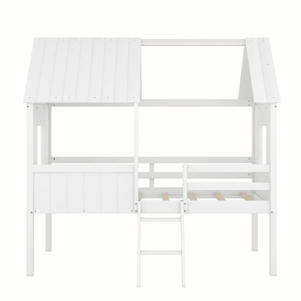 Twin Size Low Loft Wood House Bed with Two Side Windows  (White)