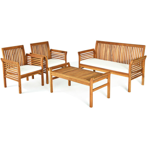 4-piece patio furniture set Outdoor Acacia wood sofa furniture with cushion white