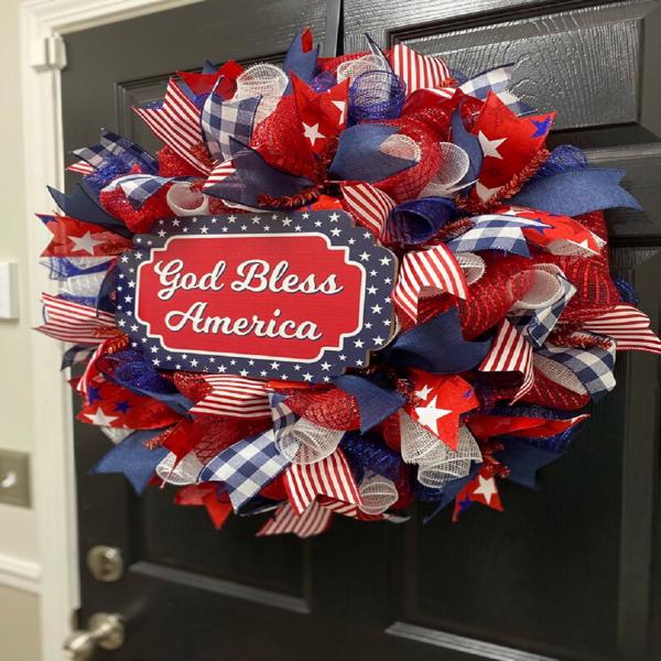 July 4th Wreath Patriotic American Wreath God Bless America, Red White Blue Flower Front Door Wreath, Memorial Day Independence Day, 2Pcs 