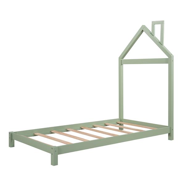 Twin Size Wood Platform Bed with House-shaped Headboard  (Green)