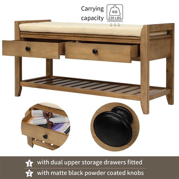 Shoe Rack with Cushioned Seat and Drawers, Multipurpose Entryway Storage Bench (Old Pine)