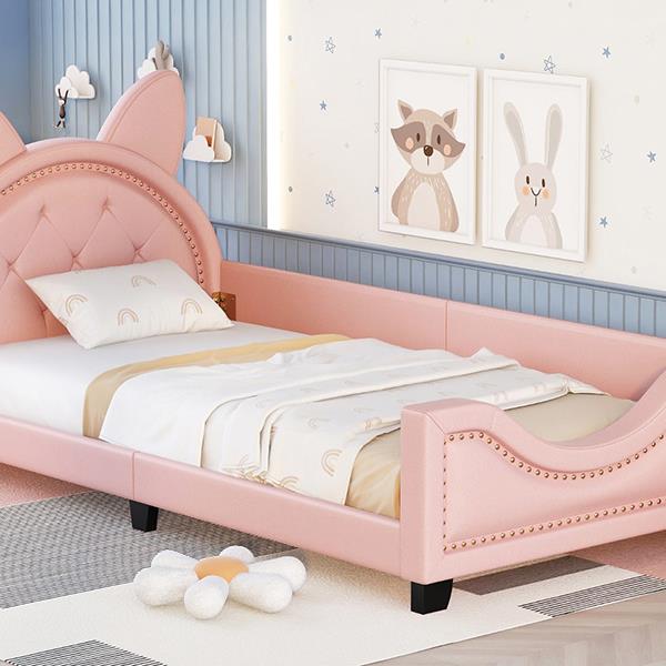 Twin Size Upholstered Daybed with Carton Ears Shaped Headboard, Pink