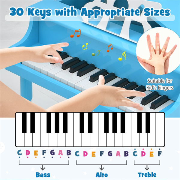 Blue Kids Piano 30-Key Wood Toy Kids Grand Piano with Bench and Music Rack