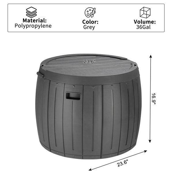 36 Gallon Round Deck Box, Thickened Outdoor Storage Box for Patio Furniture, Garden Tools, Pool Accessories, Toys, and Sports Equipment, Grey