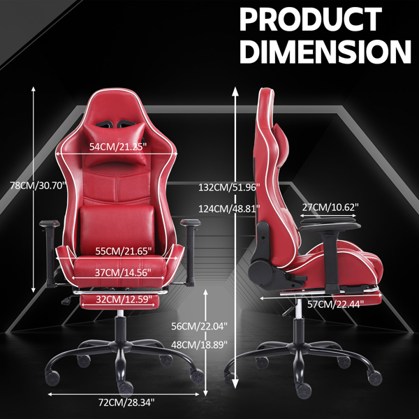 Computer Gaming Chairs for Adults, Ergonomic Computer Chair for Heavy People, Adjustable Lumbar Office Desk Chair with Footrest, 360°-Swivel Seat PU Leather Gamer Chair, Red