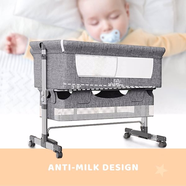 Baby Bassinet Bedside Sleeper 3 in 1 Bedside Crib, Adjustable Portable Bed for Infant/Baby/New born, with Mosquito Nets, Large Storage Bag, Comfortable Mattresses, Lockable Wheels, Grey