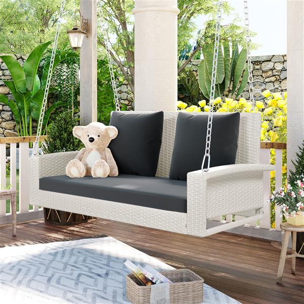 2-Person Wicker Hanging Porch Swing with Chains, Cushion, Pillow, Rattan Swing Bench for Garden, Backyard, Pond. (White Wicker, Gray Cushion)