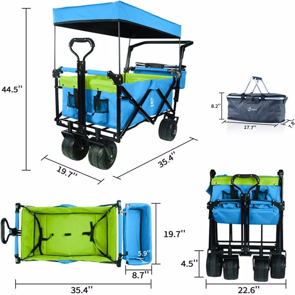 Collapsible Wagon Heavy Duty Folding Wagon Cart with Removable Canopy, 4" Wide Large All Terrain Wheels, Brake, Adjustable Handles,Cooler Bag Utility Carts for Outdoor Garden Wagons Carts Beach Cart