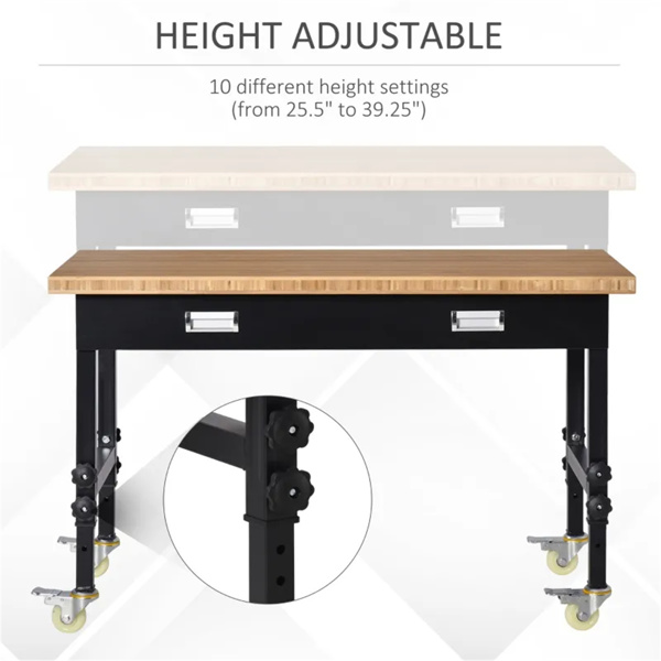 47" Garage Work Bench with Drawer and Wheels, Height Adjustable Legs, Bamboo Tabletop Workstation Tool Table