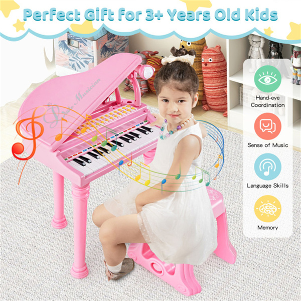 Pink Kids Piano 31 Keys Kids Piano Keyboard with Stool and Piano Lid