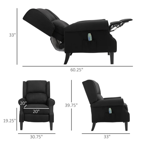 Black Massage Recliner Chair.  Wingback Single Sofa with Vibration Massage, Heat, Push Back