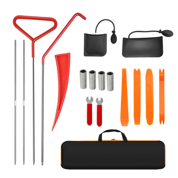 18-piece car emergency kit with window wedge, air wedge bag pump, long distance grabber, automatic trim and removal tool
