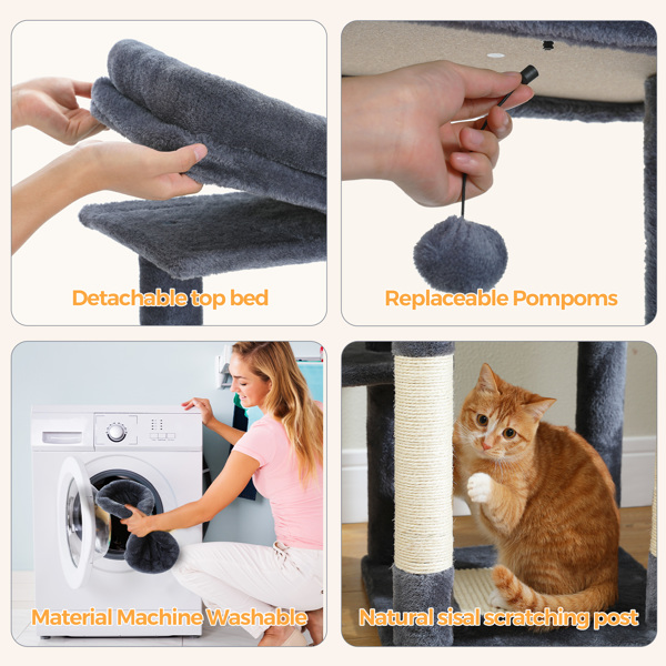 59" Cat Tree,Cat Tower for Large Cats,Multi-Level Cat Tower with 3 Removable Pompom Sticks,Cat Condo with Large Hammock,Scratching Post,and 2 Perches,Deep Grey(Banned shein,unable to ship on weekends)