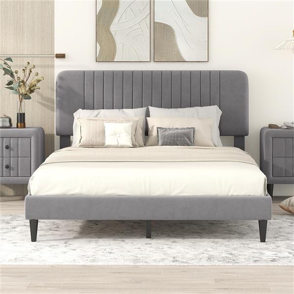 Queen Size Upholstered Platform Bed,No Box Spring Needed, Velvet Fabric,Gray