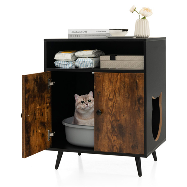 Double door litter box, brown wood interior storage furniture, nightstand, side table, end table