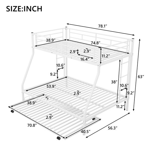 Twin over Full Bed with Sturdy Steel Frame, Bunk Bed with Twin Size Trundle, Two-Side Ladders, White