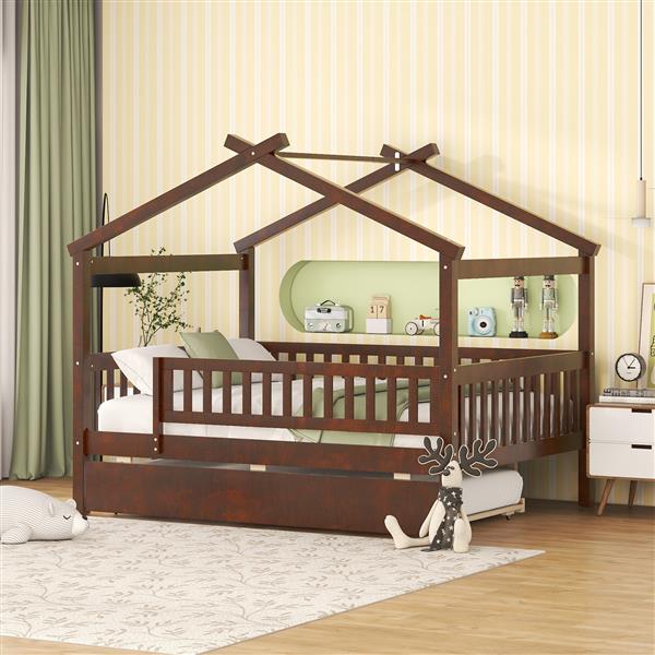 Full Size Wooden House Bed with Twin Size Trundle, Walnut