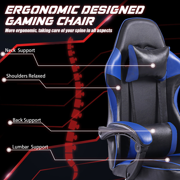 Ergonomic Gaming Chair with Footrest, Comfortable Computer Chair for Heavy People, Adjustable Lumbar Desk Office Chair with 360°-Swivel Seat, PU Leather Video Game Chairs for Adults, Blue