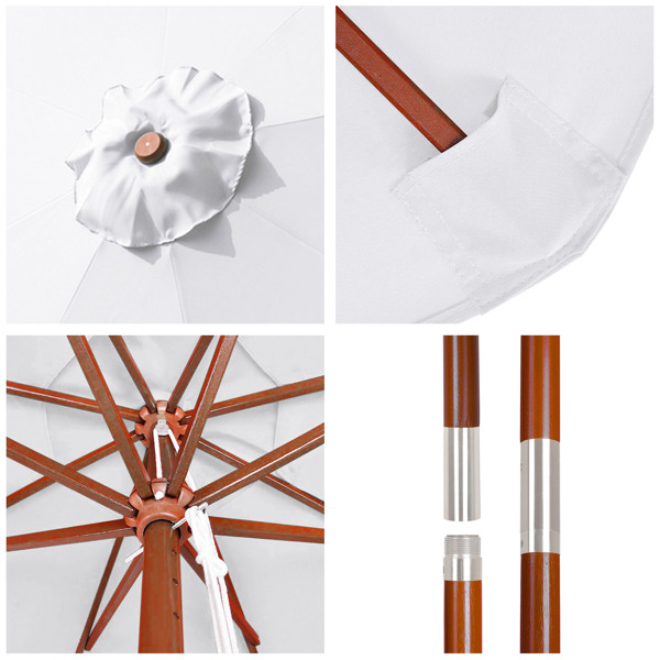 9ft Wooden Umbrella, Outdoor Patio Umbrella, Wood Market Umbrella, Patio Umbrella Wood Pole with Pulley Lift for Garden, Yard, Deck, Pool, Market - White（No shipments on weekends）