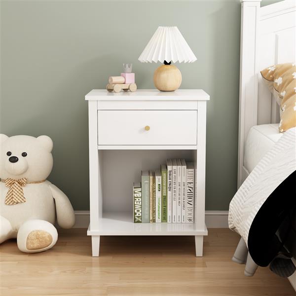 26.77''H Wooden Nightstand with One Drawer One Shelf for Kids, Adults, White