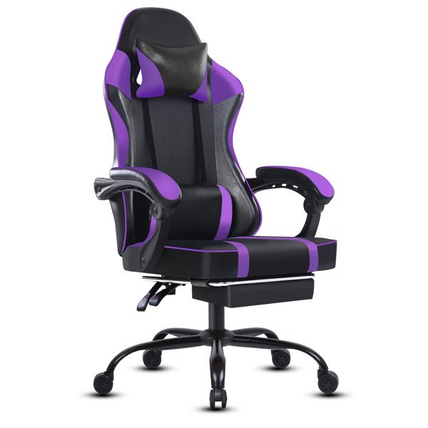 Video Game Chairs for Adults, PU Leather Gaming Chair with Footrest, 360°Swivel Adjustable Lumbar Pillow Gamer Chair, Comfortable Computer Chair for Heavy People, Purple