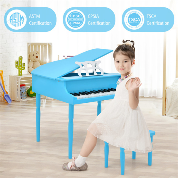 Blue Kids Piano 30-Key Wood Toy Kids Grand Piano with Bench and Music Rack