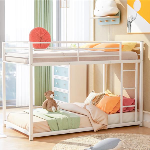 Twin over Twin Metal Bunk Bed, Low Bunk Bed with Ladder,White