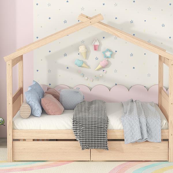 Full Size Wooden House Bed with Drawers, Natural