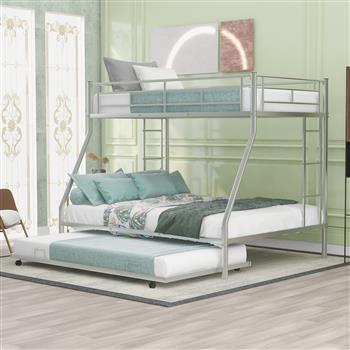 Twin over Full Bed with Sturdy Steel Frame, Bunk Bed with Twin Size Trundle, Two-Side Ladders, Silver