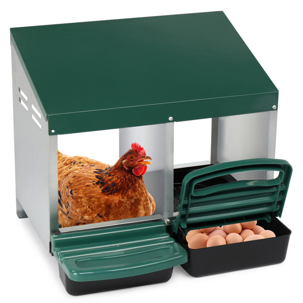 2 Compartment Roll Out Chicken Nesting Box with Plastic Basket, Egg Nest Box Chicken Laying Box Hens Chicken Coop Box, Green