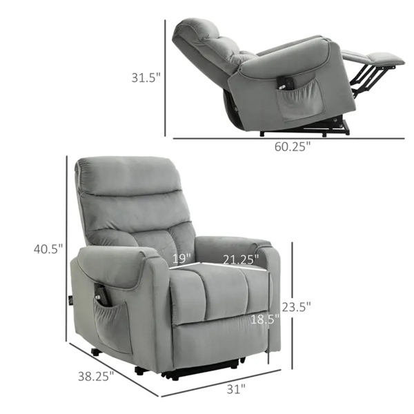 Grey Velvet Recliner Chair,Power Lift Chair with Vibration Massage, Remote Control