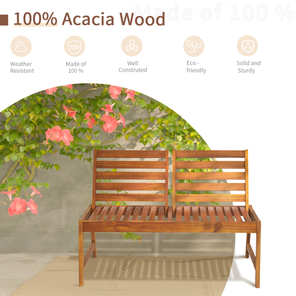 Acacia Wood Outdoor Patio Bench with Adjustable Backrest, 2-Person Park Bench Garden Bench Front Porch Bench for Yard Lawn Decor Deck, Natural Wood Color