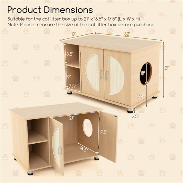  32" Cat Litter Box Enclosure with Sisal Scratching Doors and Adjustable Metal Feet